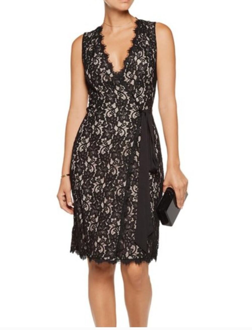 DIANE VON FURSTENBERG Julianna Two Black Lace Wrap Tie Waist Dress // 8
